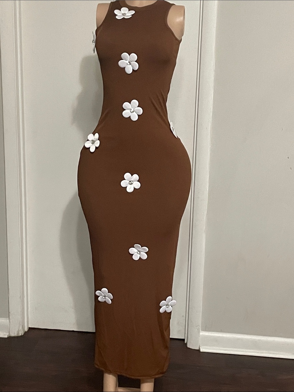 Brown Sleeveless Maxi Dress with White Floral Appliqués